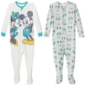 Disney Mickey Minnie Mouse 2 Pack Footed Sleeper Pajamas White Gray 18M New!